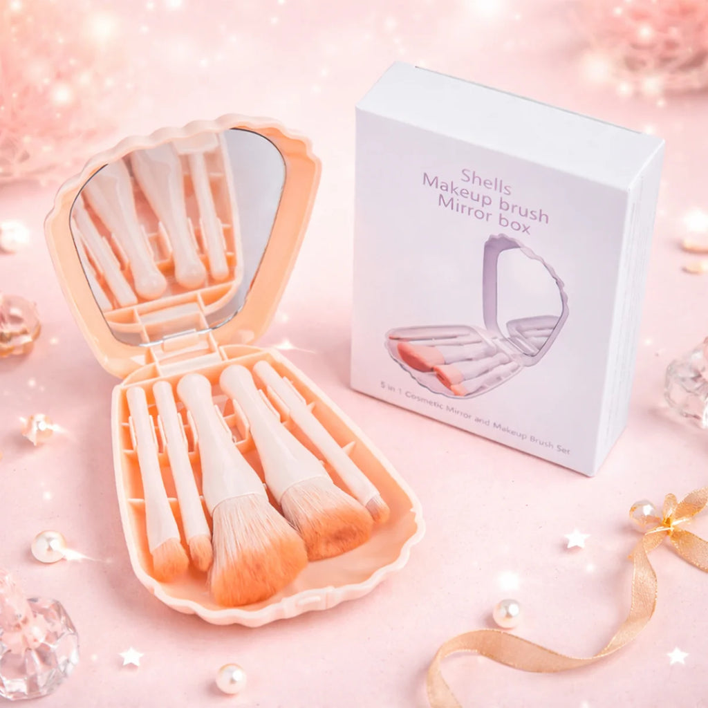 5-in-1 Makeup Brush Kit with Mirror – Compact & Portable Beauty Brush Set for Women