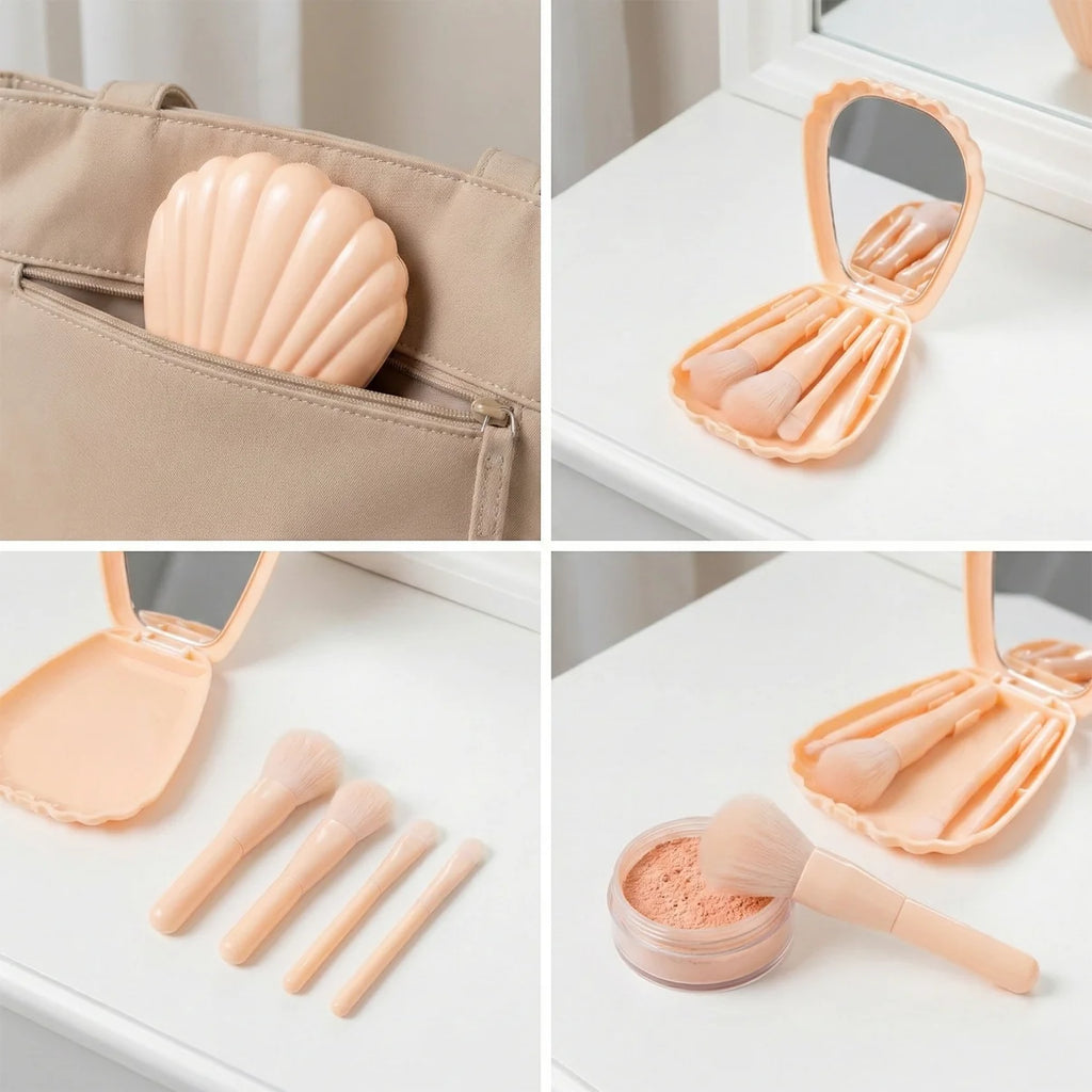 5-in-1 Makeup Brush Kit with Mirror – Compact & Portable Beauty Brush Set for Women